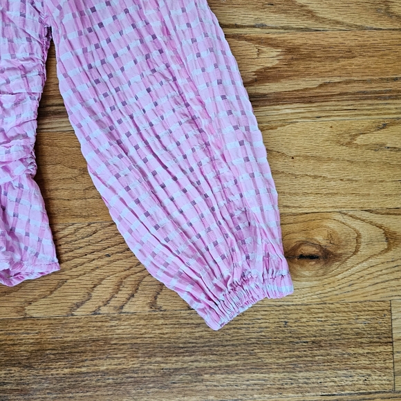 Entro Size S Gingham Blouse Pink Checked Top One Shoulder Long Sleeve Ruffle Hem - Picture 3 of 6